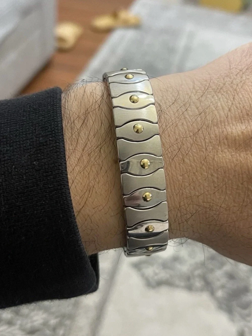 Vintage Milor Italy Men's Stainless Steel & Solid 18K Gold Wave Link Bracelet